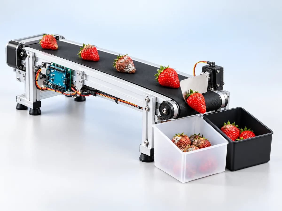 Cinta transportadora de fresas con una compuerta al final que separa las fresas en mal estado de las sanas, en dos cajas.