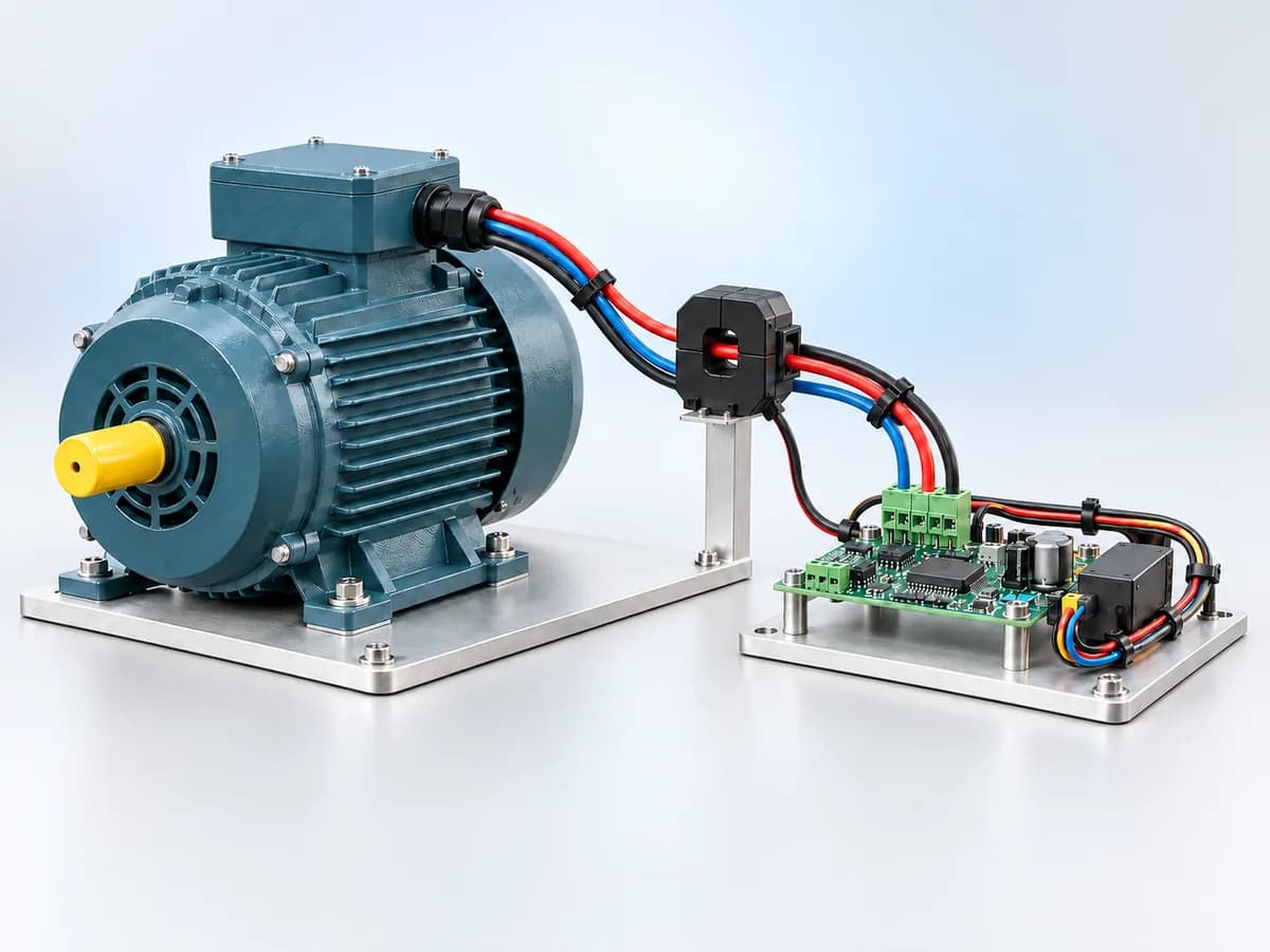 Motor de inducción con un sensor de corriente en su cable de alimentación, conectado a una placa de adquisición.