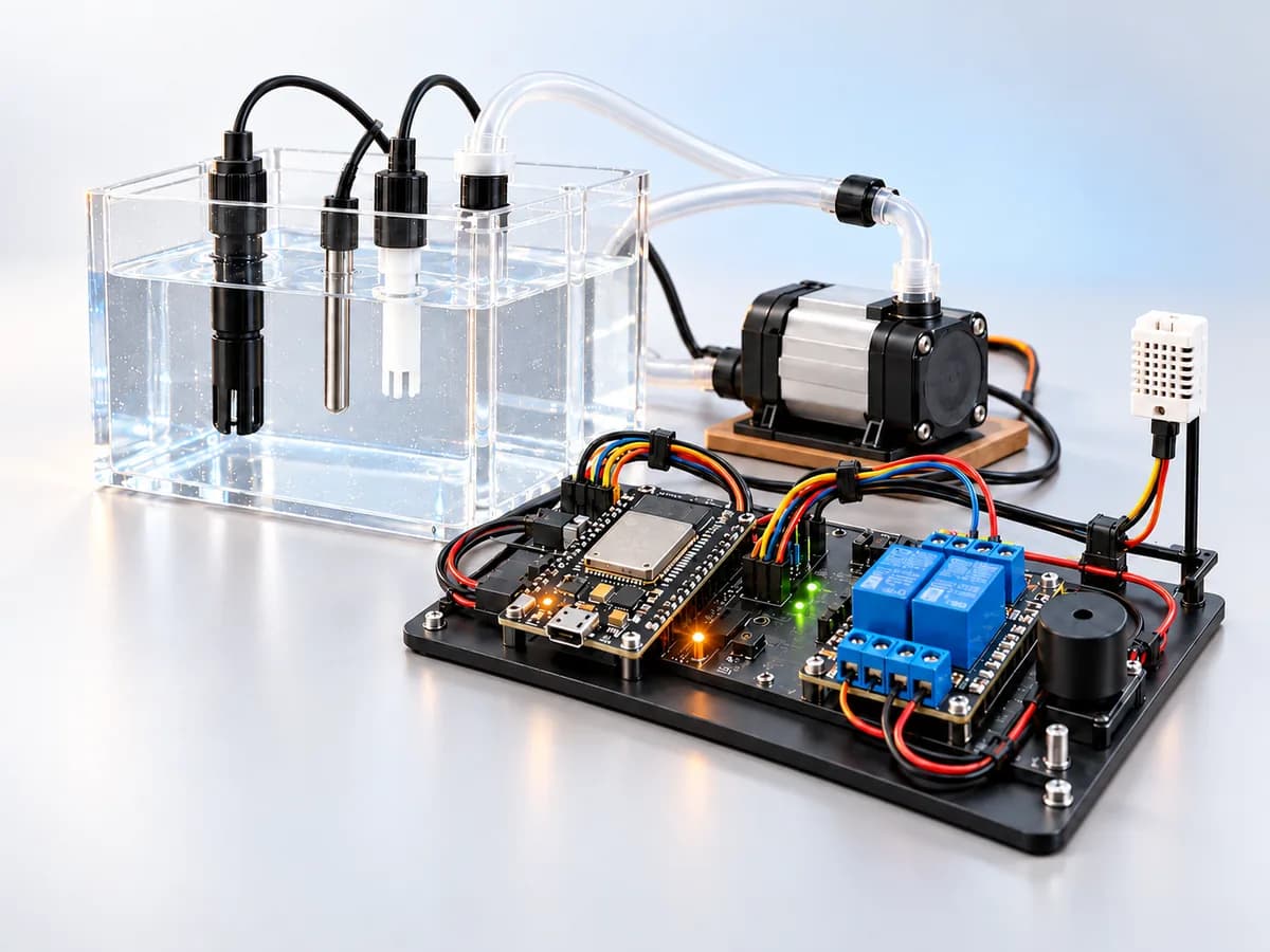 Sondas sumergidas en un tanque de agua, una bomba y una placa de control con relés, sensor de humedad y alarma.