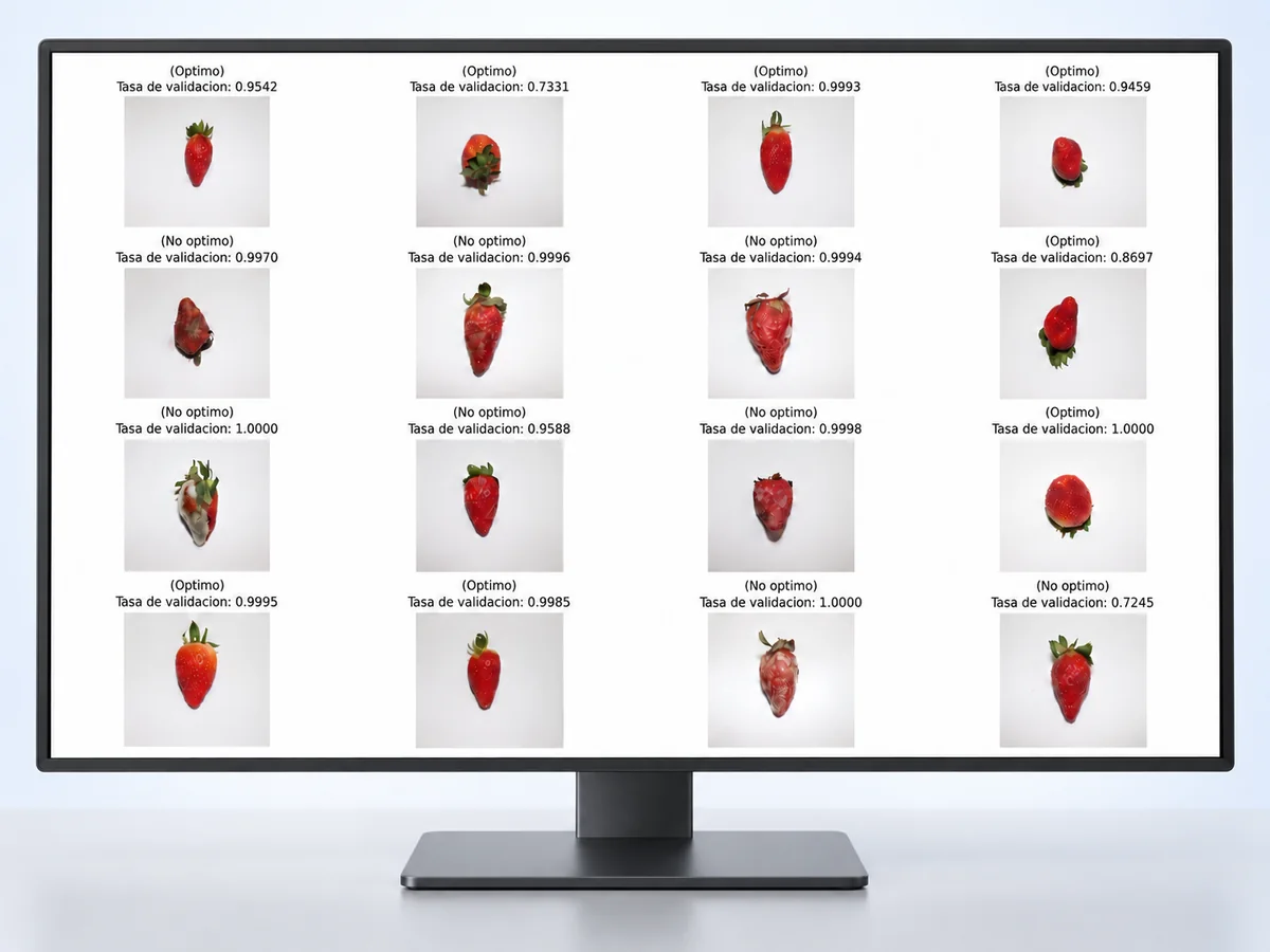 Monitor con los resultados del modelo: dieciséis fresas marcadas como óptimas o no óptimas, cada una con su tasa de validación.