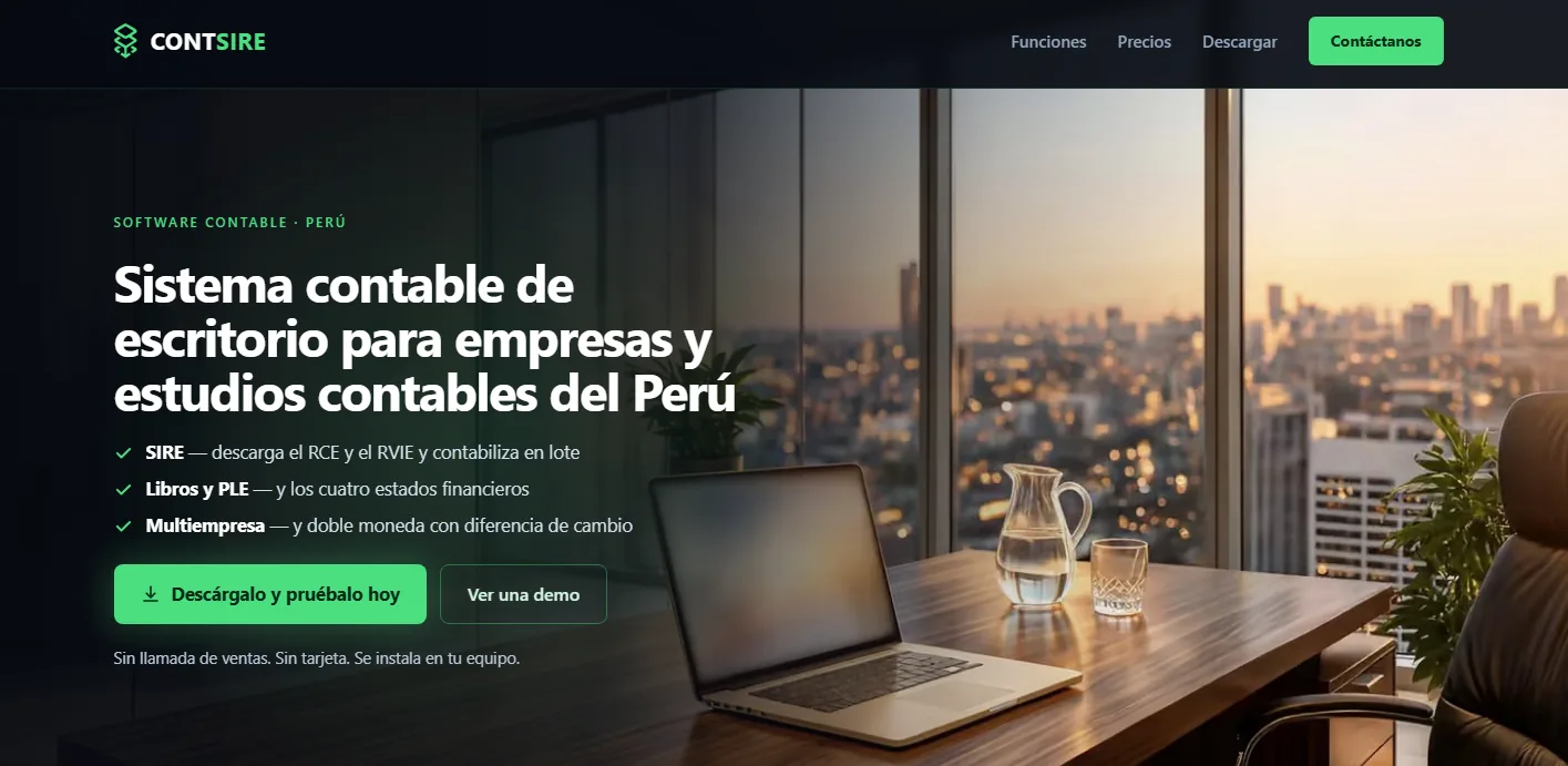 Página web de ContSire: el titular «Sistema contable de escritorio para empresas y estudios contables del Perú», tres funciones y los botones para descargarlo y ver una demo.